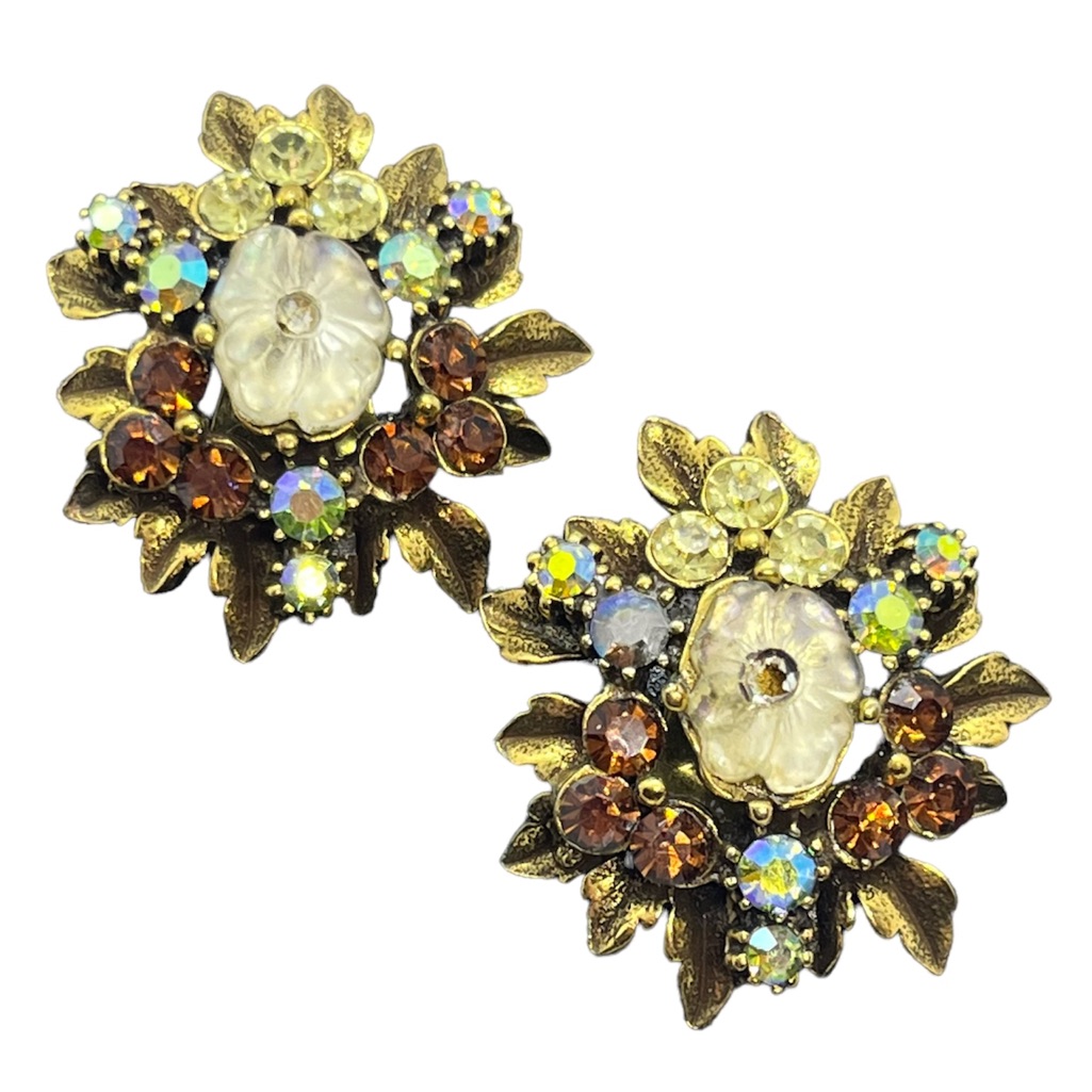 Vintage Florenza Molded Frosted Glass Flower Rhinestone Clip On Earrings 79$